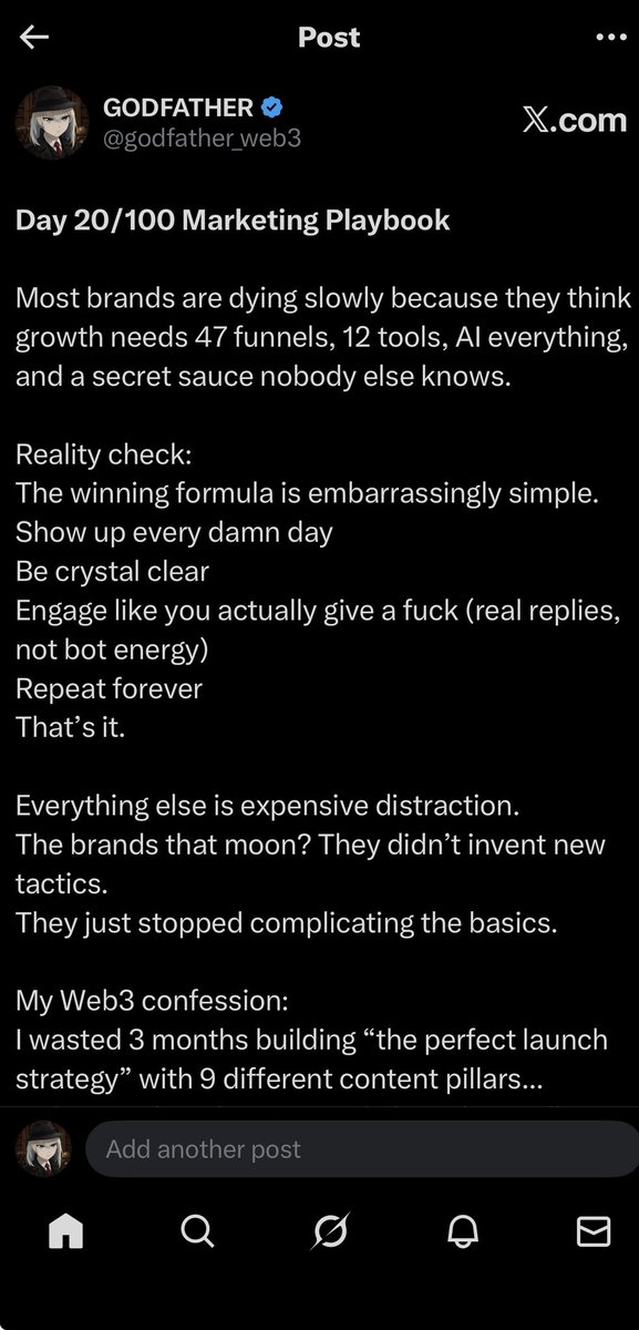 godfather_web3's tweet image. I’ve posted my marketing playbook for 20 days straight and "failed" to go viral.

Most would see this as a sign to stop. I see it as a data set.

While others wait for the bull market to get "lucky," I’m grinding out the systems that will scale the next 100x project.

GN to those…