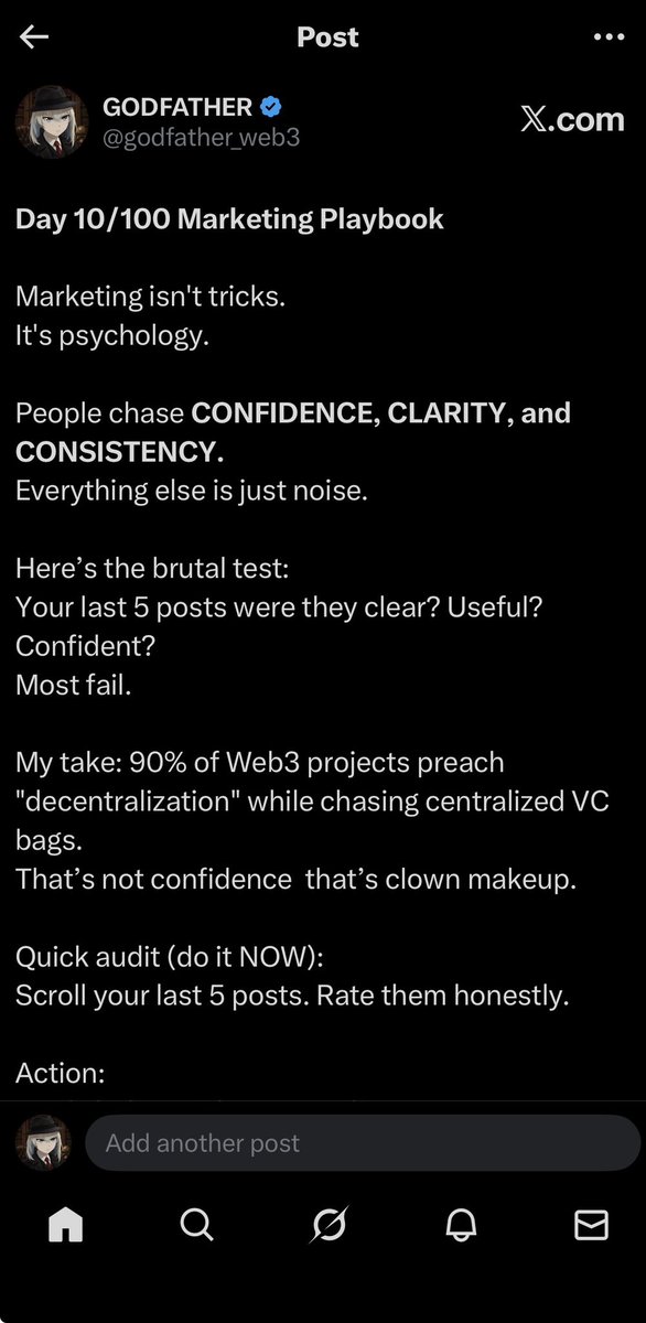 godfather_web3's tweet image. I’ve posted my marketing playbook for 20 days straight and "failed" to go viral.

Most would see this as a sign to stop. I see it as a data set.

While others wait for the bull market to get "lucky," I’m grinding out the systems that will scale the next 100x project.

GN to those…