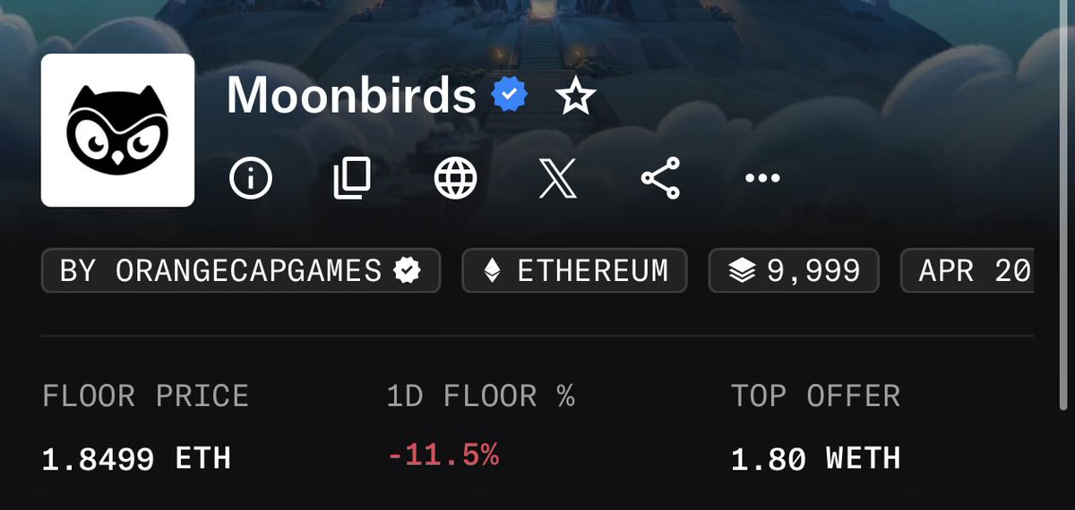 There’s only 10 <a href="/moonbirds/">Moonbirds</a> til the collection is back above 2E.

The thin floor says it all: this is emotional trading driven by FOMO, not conviction.

The undercutting we’re seeing comes from short-term speculators who don’t understand what they’re trading and have no experience