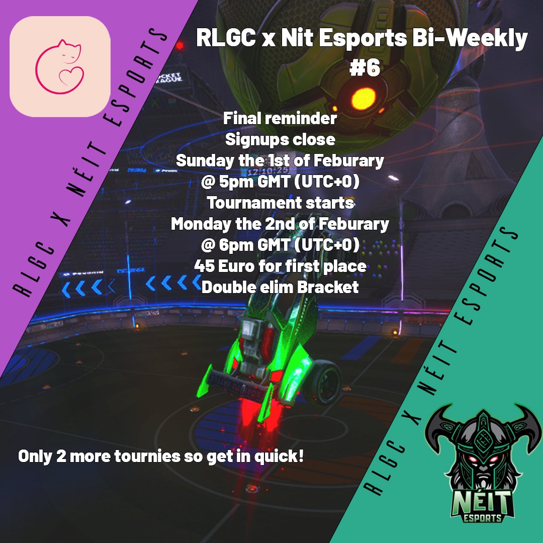 neitesports_irl's tweet image. Don't miss out on our last 2 tournaments working with @MajicRl Signup with the link below! There's a prizepool of €45 all to first place in our 3v3 tournament!

start.gg/tournament/rlg…
