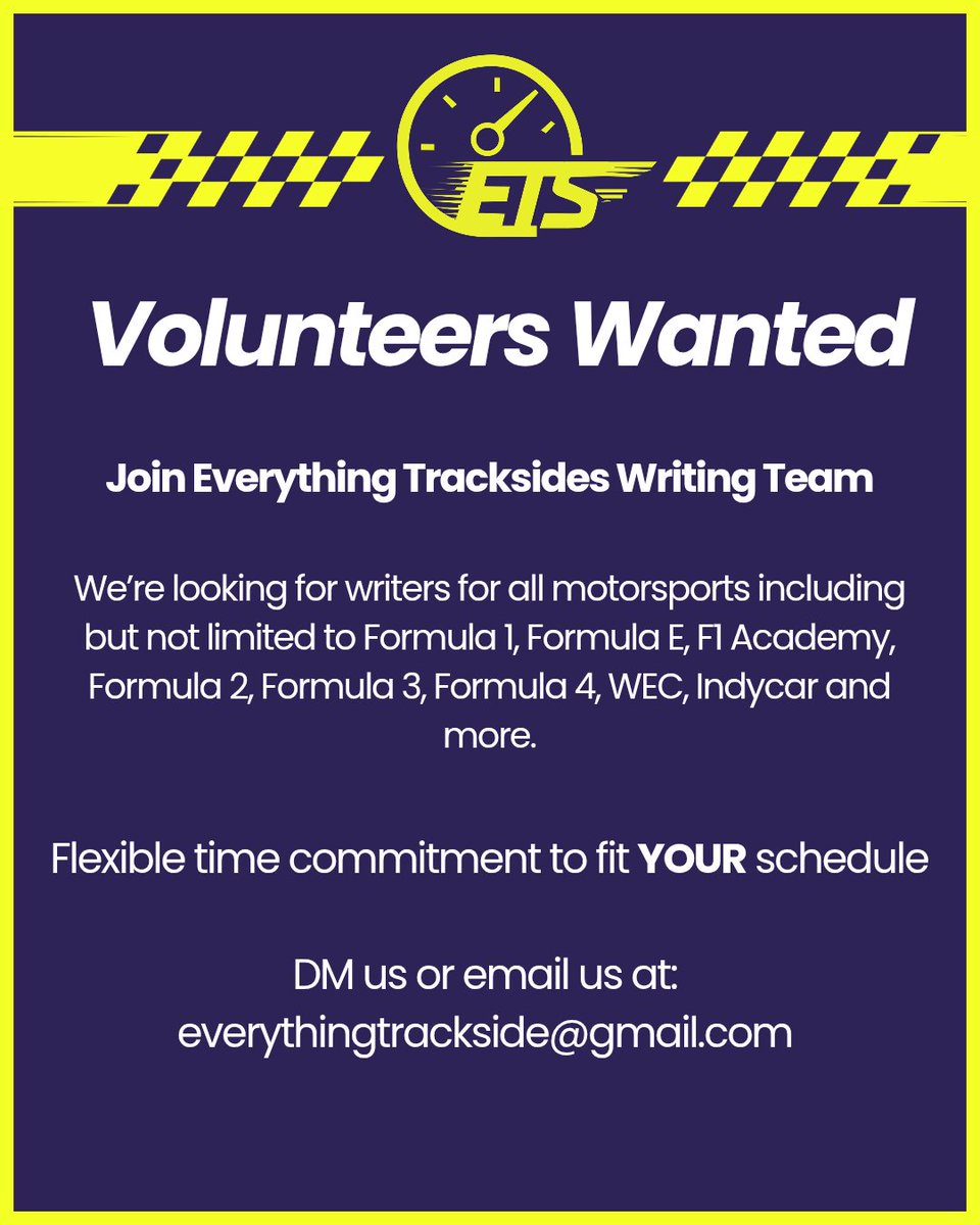 EverythingETS's tweet image. 🚨 We  Need You🚨

We are building a Social Media Team from the ground up. 

If you are passionate about Formula 1 and other motorsport categories and have experience with  working across social media send us an Email or DM

#SocialMedia #Volunteering #Motorsport