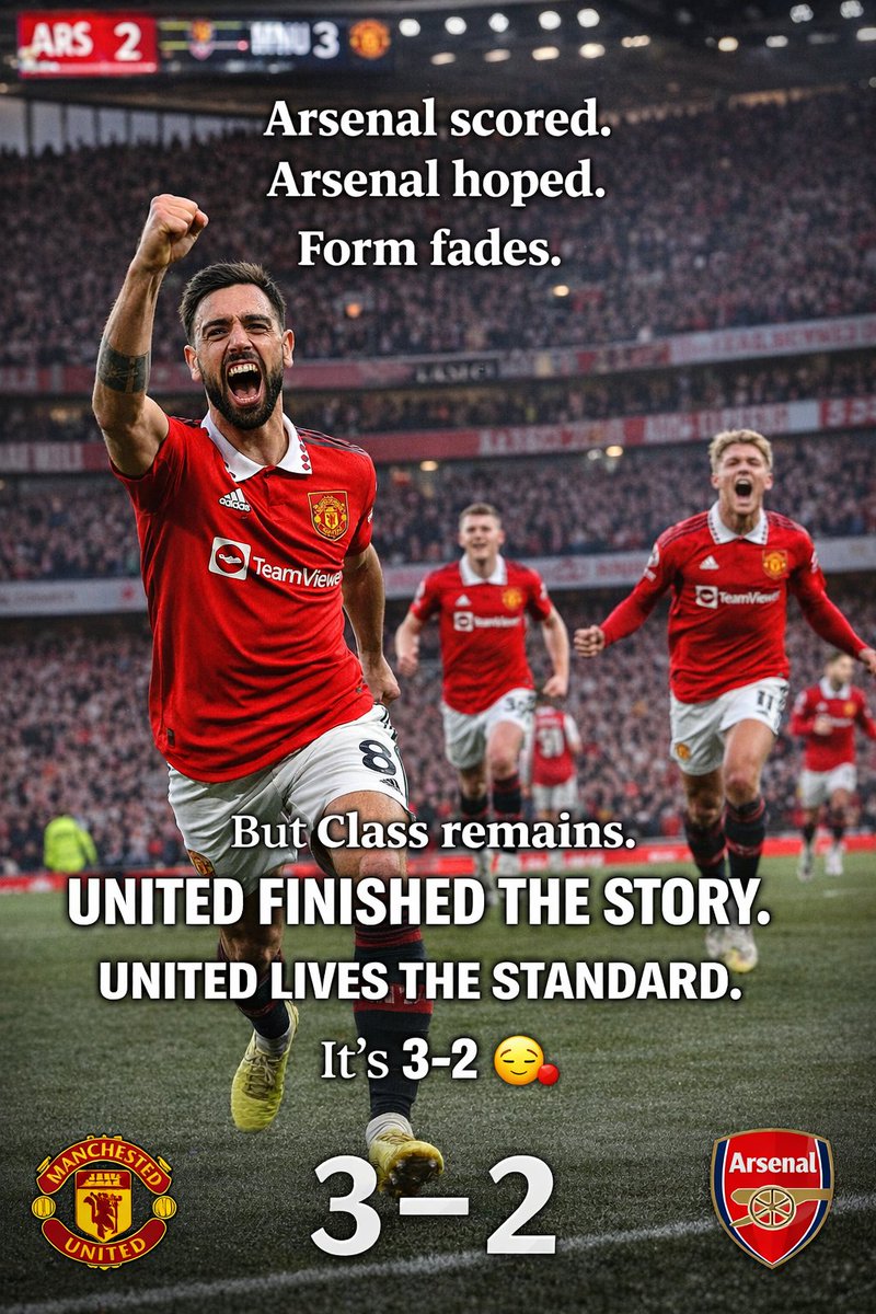 AugmentedSteven's tweet image. Arsenal scored.
Arsenal hoped.
Form fades.
But class remains.
United finished the story.
United lives the standard.
It’s 3–2 😌🔴
#GGMU #MUFC #ManchesterUnited #UnitedFinishedTheStory #ARSMUN #PremierLeague #FootballTwitter #RedDevils #UnitedStand #LegacyClub #FormIsTemporary