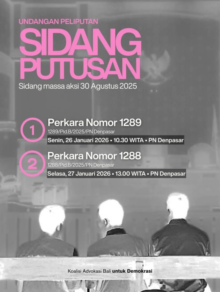 Kawan-kawan di Denpasar,

total 8 dari 14 orang tapol akan segera menjalani sidang putusan pada Senin dan Selasa minggu ini.

Mari datang dan bersolidaritas!

#BebaskanKawanKami 

Sumber: Instagram LBH Bali