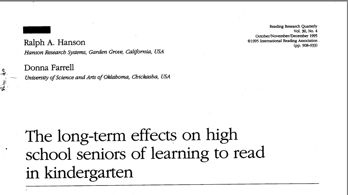 <a href="/RplusDyslexia/">Jo-Anne Gross</a> <a href="/ReadingShanahan/">Timothy Shanahan</a> There was actually a study that compared learning to read in K vs. the normal at the time first grade, K was a good decodable based phonics program, it was better for all but especially low income and minority students.

iseesam.com/content/Hanson…