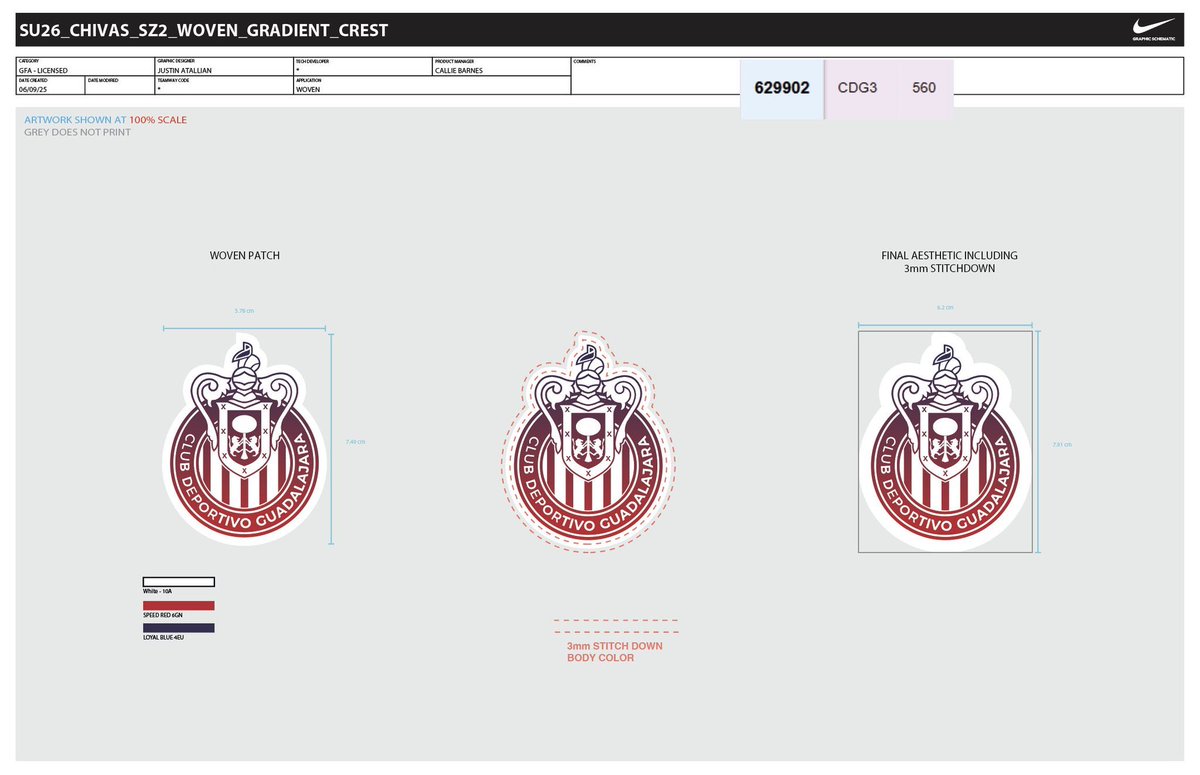 Se rumora que Nike sufrió un hackeo. Dentro de los archivos se encuentra este diseño del escudo para un jersey de Chivas (temporada 26/27), no se aclara para qué jersey es, pero en las especificaciones se aprecia que uno debe ir bordado y el otro planchado. 

<a href="/vladieboi/">Vlad Ciutacu</a>