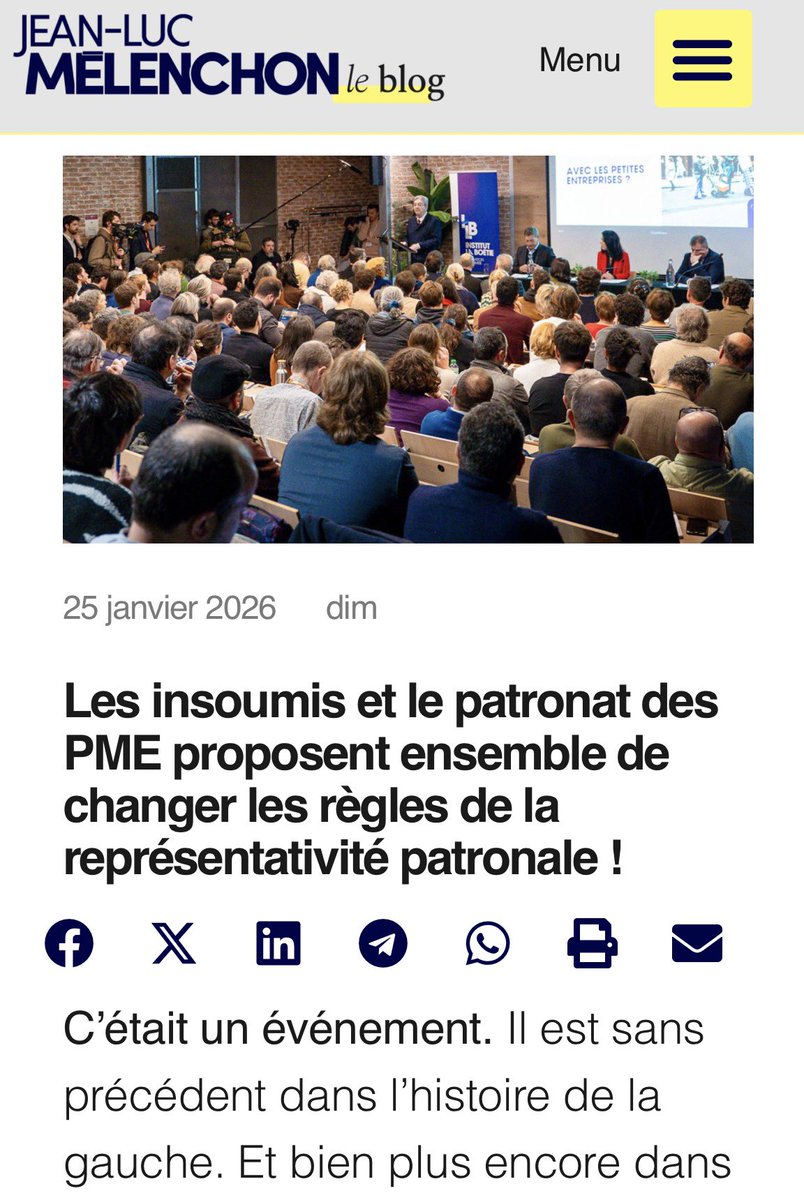 Coup de théâtre ‼️

JLMelenchon est en train de tuer le match et personne n’a rien vu venir 😳

⤵️

#Les insoumis et le patronat des PME proposent ensemble de changer les règles de la représentativité patronale ! »

Si c’est pas une énorme surprise. 

#Melenchon2027 🇫🇷