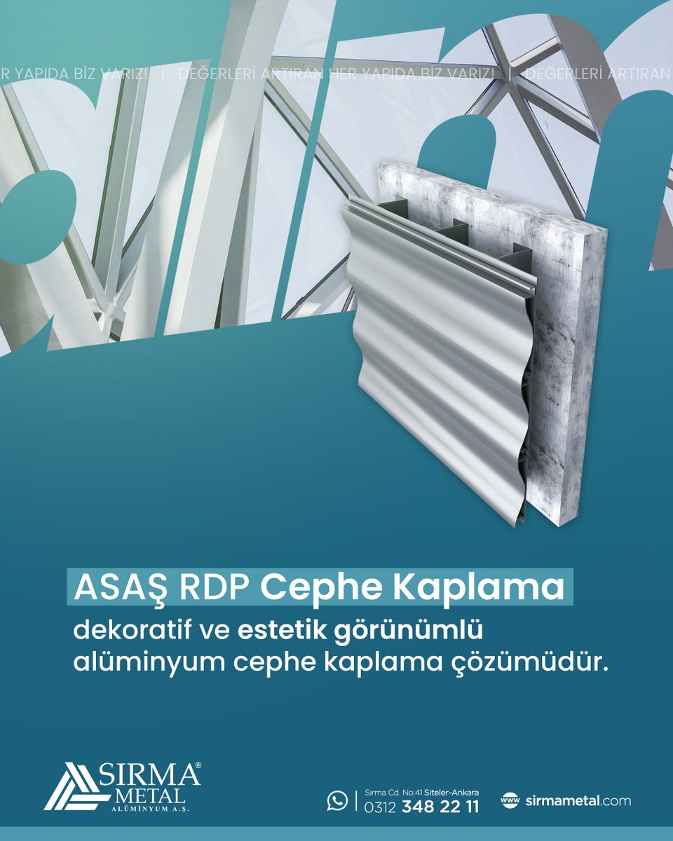 🏢 ASAŞ RDP Cephe Kaplama Sistemi, yapılara modern, estetik ve güçlü bir dış görünüm kazandırmak için tasarlanmış alüminyum cephe kaplama çözümüdür. Dekoratif yapısı sayesinde mimari projelerde fark yaratan cepheler oluşturur.

☎️ 0312 348 22 11
🔗 sirmametal.com.tr