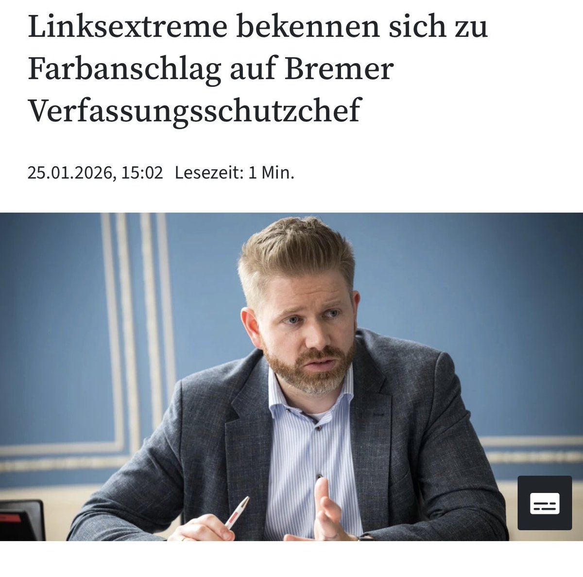 Linksextreme bekennen sich zu einem Anschlag auf den Bremer Verfassungsschutzchef.

Nicht auf irgendein Symbol.
Nicht auf ein Gebäude.
Auf den Leiter einer Sicherheitsbehörde.

Und wieder dieselbe Frage:
Warum gilt linke Gewalt so oft als „Aktion“, während alles andere sofort