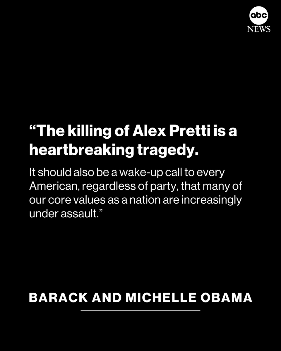 ABC's tweet photo. Former President Barack Obama and former first lady Michelle Obama released a statement on Sunday saying the fatal shooting of Alex Pretti by a federal agent should be "a wake-up call to every American." https://t.co/zjmeMDPlcA https://t.co/kNVUjRtCu4