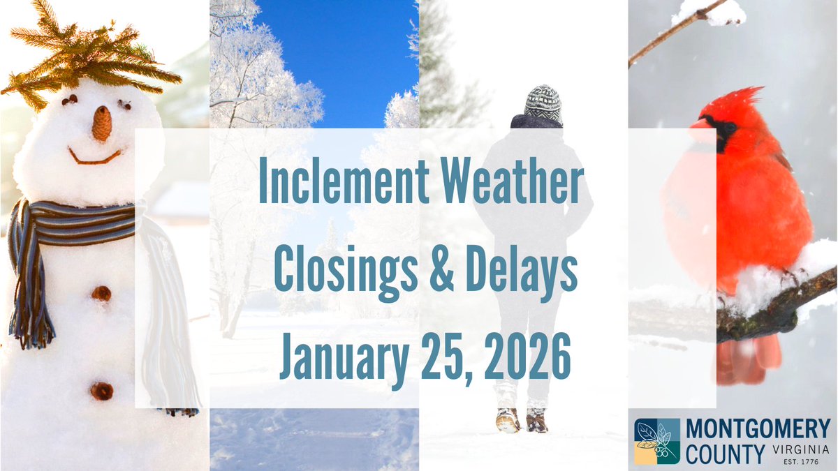 Consolidated sites, Animal Care and Adoption Center, and Montgomery-Floyd Regional Library Branches are closed today, Sunday, Jan. 25. 
VDOT asks motorists to stay off the roads: vdot.virginia.gov/news-events/ne…
County updates posted here: 
montva.com/1/news/n/2026/…