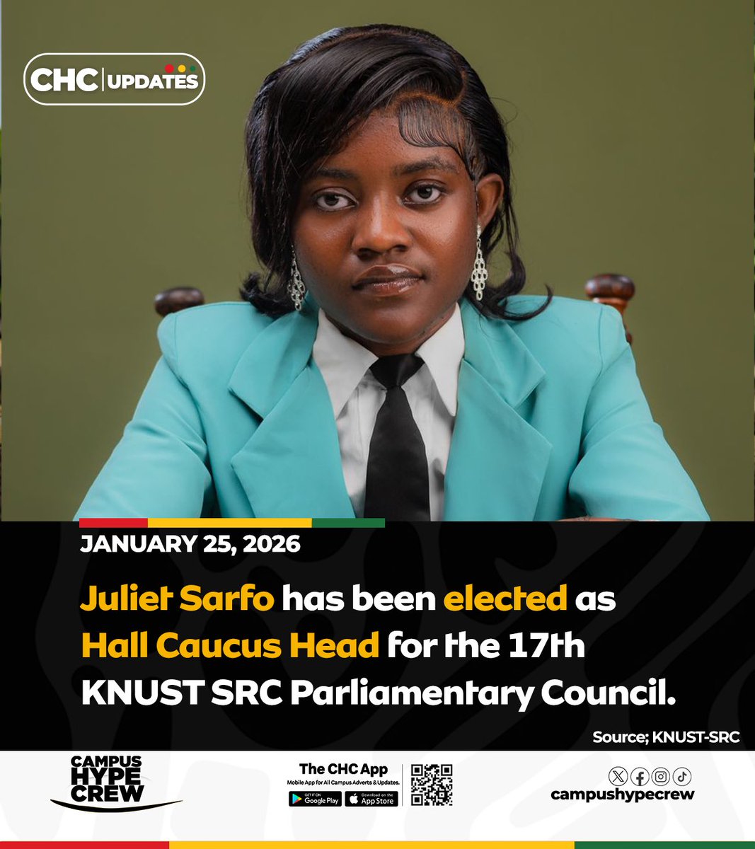 Julliet Sarfo [<a href="/jullietsarfo24/">𝐉𝐔𝐋𝐋𝐈𝐄𝐓 𝐒𝐀𝐑𝐅𝐎</a> ] elected as Hall Caucus Head of the 17th KNUST SRC Parliamentary Council.

#KNUST #CampusHypeCrew🇬🇭