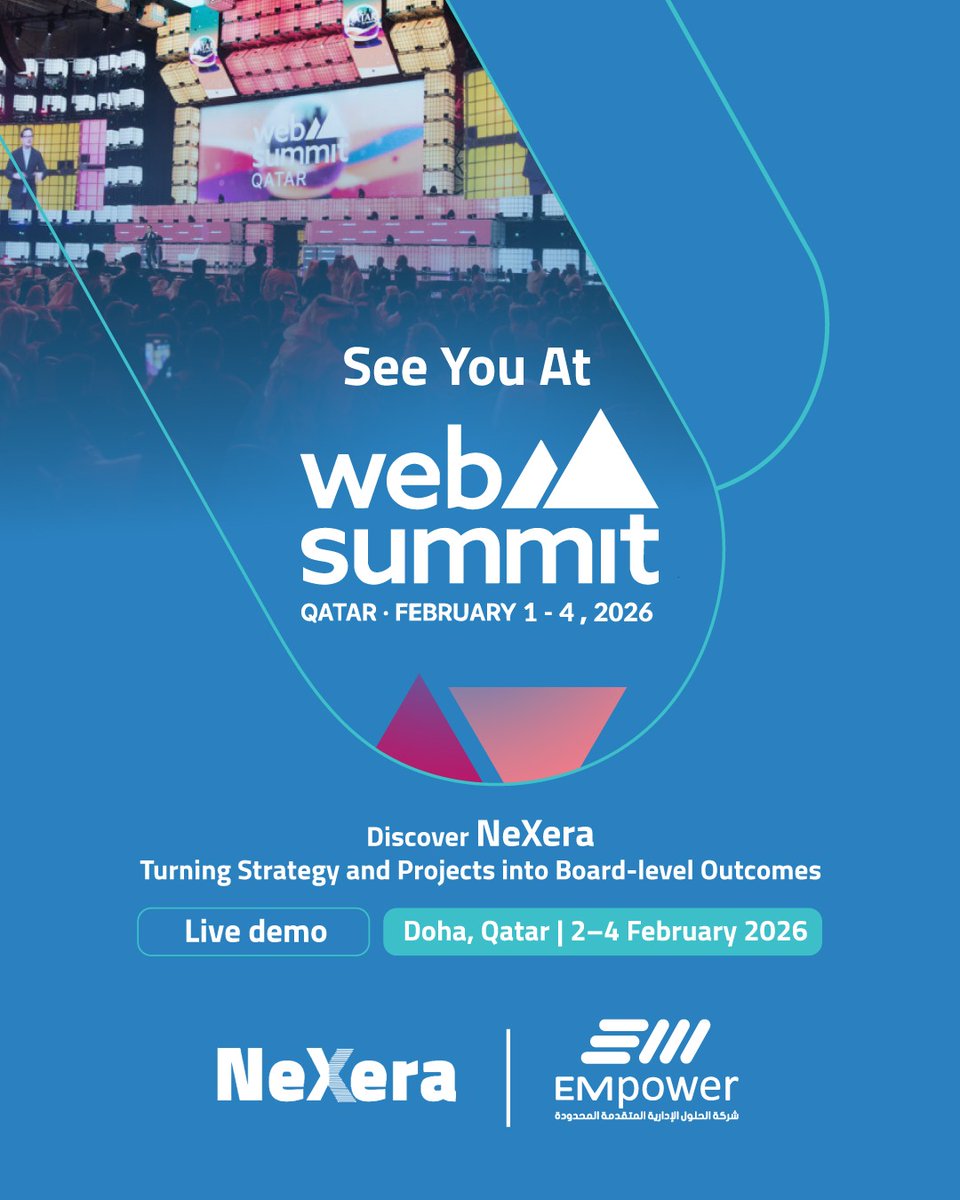 نلتقي بكم في Web Summit Qatar 2026، حيث تشارك إمباور في أحد أكبر التجمعات العالمية لروّاد التقنية والابتكار وصنّاع القرار.

في هذا الحدث، نكشف لكم عن NeXera
النظام التقني المتكامل لإدارة الاستراتيجية والمشاريع والحوكمة، ومتابعة الأداء عبر لوحات قياس ذكية وتقارير تنفيذية تساعد