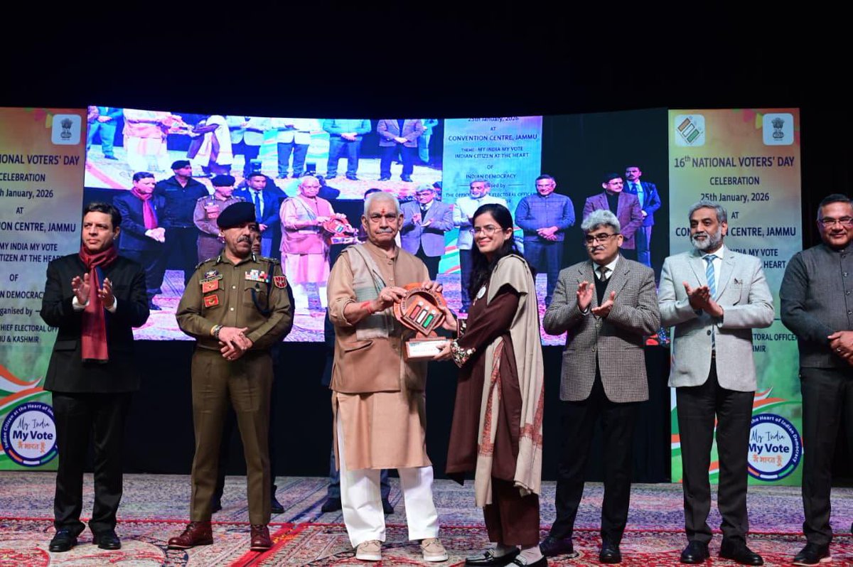Grateful to <a href="/ceo_UTJK/">CEO UT OF J&K</a> , for recognising the work done by my <a href="/SudanAyushi/">Ayushi Sudan</a> and me as District Election Officers during the General and Assembly Elections, on National Voters’ Day 2026 #NVD2026