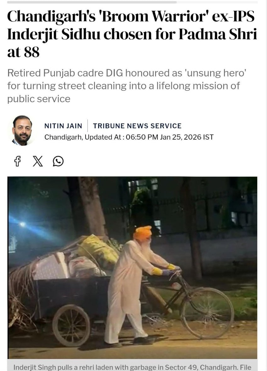 Let's all get motivated by Inderjit Sidhu ji and do our bit in keeping our village, city &amp; country clean. Avoid single use plastic &amp; don't litter. Salute sir. #Padmashri2026 <a href="/nitinthetribune/">Nitin Jain ☀️ ❎ ✨</a> <a href="/Team_SJ_/">Team SJ</a>