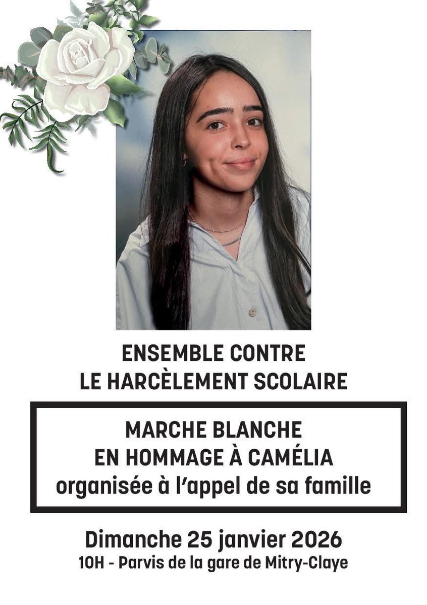 🕊️

Ce matin, nombreux à Mitry-Claye pour la marche blanche en hommage à Camélia.
Un moment de recueillement, de dignité et de solidarité.
Contre le harcèlement scolaire, pour que plus jamais le silence ne tue.
🕯️🤍