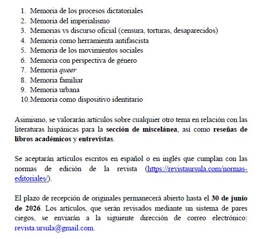 RevistaUrsula's tweet photo. 📢¡Ya está disponible el CFP para este año! Y se viene un temazo, tan necesario como interesante en nuestra actualidad: "Memoria, olvido y discurso social" desde múltiples disciplinas: imperialismo, censura, antifascismo, perspectiva de género, queer, familia... ¡Os leemos! 🤗 https://t.co/QbzlBdAQw8