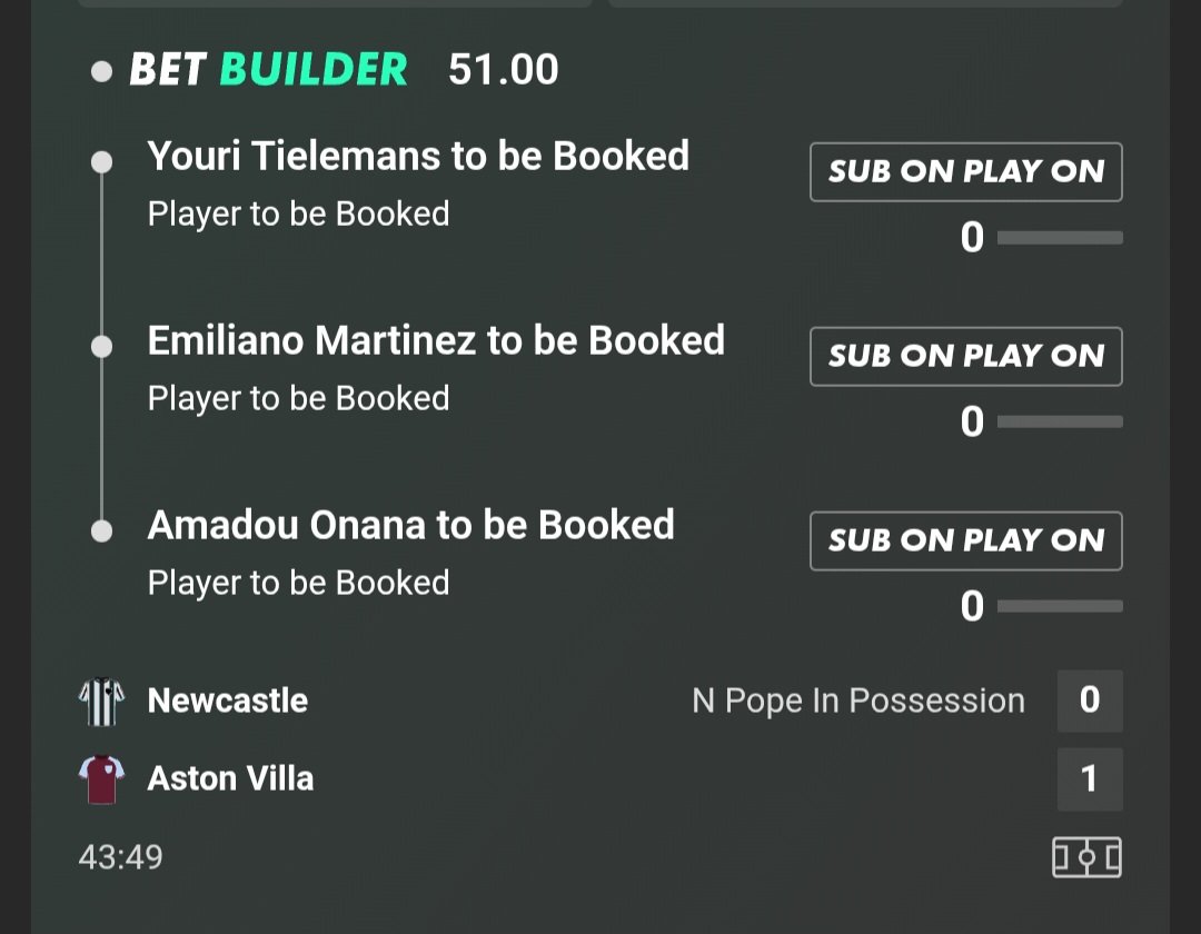 MuttockMegaTips's tweet image. Longshot treble cards.

Tielemans and onana one foul of a card
Martinez warned for time wasting.