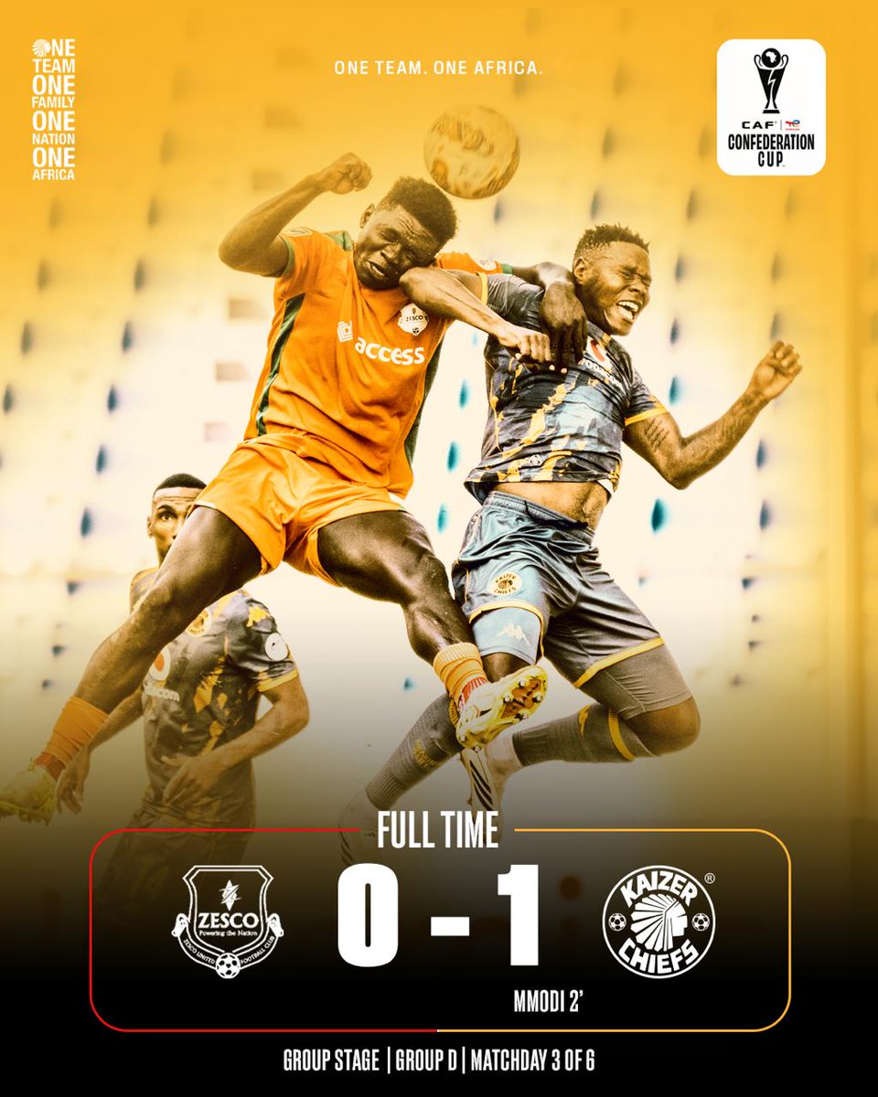 90 + 4’| #ZU 0 : 1 #KC 

Full time score: Zesco United 0 : 1 Kaizer Chiefs (Mmodi 2’)

#Amakhosi4Life #TotalEnergiesCAFCC #KCOneAfrica