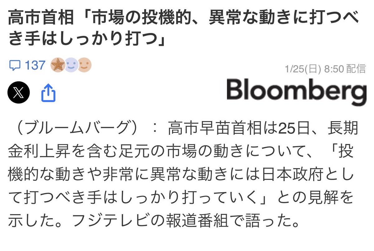 英語になった高市発言👵 「円ショートポジション（カラ売り）が10年ぶりの高水準に達し、選挙が近づく中、高市首相の👇発言に、市場は緊張感につつまれている。NY連銀のレートチェックは介入の前触れとして知られ、米国からの支援の可能性も囁かれている」  ふふふ🌹