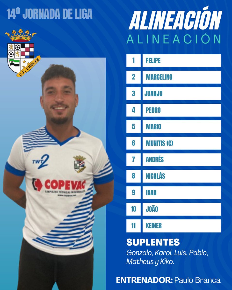 📋 𝐀𝐋𝐈𝐍𝐄𝐀𝐂𝐈Ó𝐍 𝐂𝐏 𝐂𝐇𝐄𝐋𝐄𝐒

Este es el equipo titular elegido por Paulo Branca 💪⚽ para disputar el decimocuarto encuentro de la temporada ante el CD BADAJOZ “B”.

¡A darlo todo, equipo! 🙌💥

#VamosCheles #liga25_26