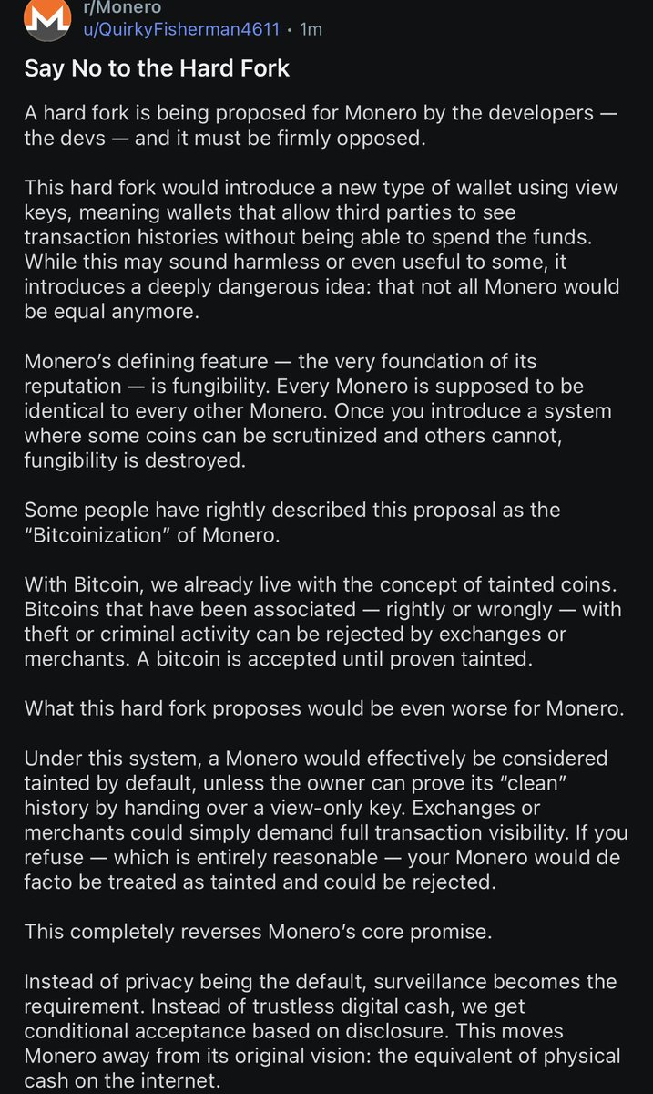 XMRVoid's tweet image. Federal agent on the $XMR dev team!? 

Proposed hard fork making 1 XMR not equal 1 XMR