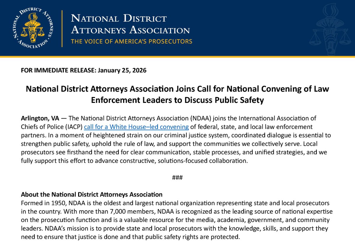 🚨BREAKING: National District Attorneys Association (NDAA) Joins Call for National Convening of Law Enforcement Leaders to Discuss Public Safety. 

Our statement: ow.ly/8R6k50Y3mMs.