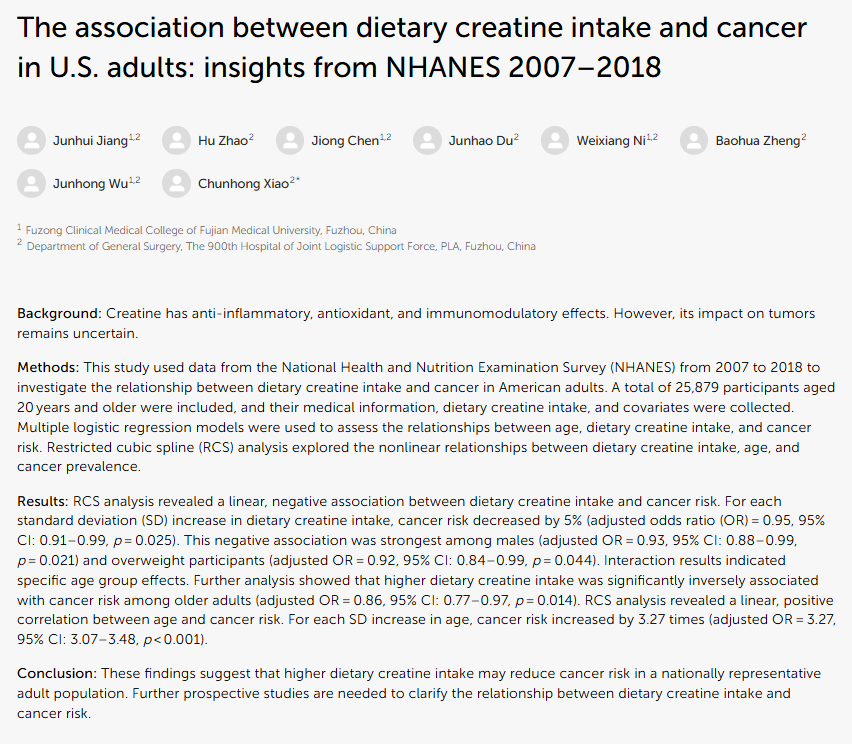 Higher creatine intake is associated with a lower risk of cancer.