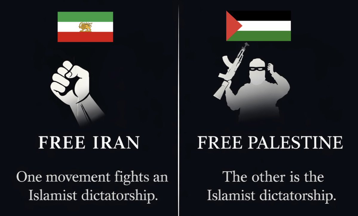 MarkChangizi's tweet image. The difference between the “Free Iran” and “Free Palestine” movements is simple:

One movement fights an Islamist dictatorship.

The other IS the Islamist dictatorship.