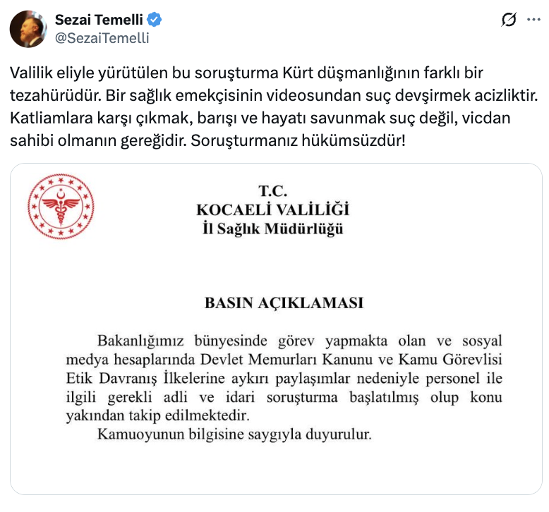 Busradde_'s tweet photo. Bıktık artık bu ajitasyonlardan. Hiç kimsenin Kürt düşmanlığı falan yaptığı yok.

Hemşireye de Kürt olduğu için değil, PKK propagandası yaptığı için soruşturma açıldı.

Devletten maaş alıp da devlete düşmanlık yapan sonuçlarına katlanır. Ağlayacaksanız, oynamayın o zaman. https://t.co/mApUCINb3l