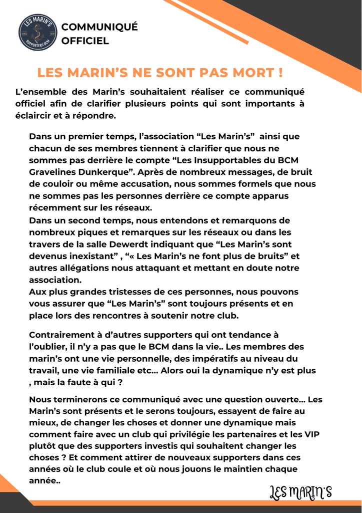 Communiqué officiel des Marin’s.