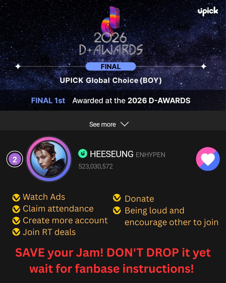 HeeseungVoting's tweet image. [🗳] D' AWARDS UPICK Global Choice - Boy
D-3
There is no time to back down! Never doubt ourselves! Together, we truly can win this. Stay focused, stay consistent, and keep pushing forward until the very end. Let’s make this moment one Heeseung can be proud of
🗳:…