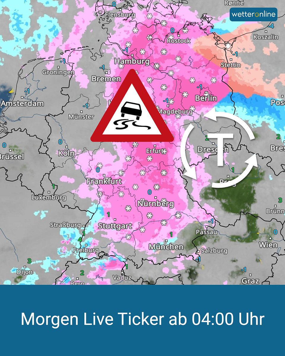 WetterOnline's tweet photo. ❄️⚠️ Schnee und extremer Glatteisregen!
Wetterturbulenzen schon zum Berufsverkehr. Die Lage ist brisant und kann schnell eskalieren. 🚗🧊

Grund genug, euch in einem LIVE-Ticker auf dem Laufenden zu halten.  👀📲

#LiveTicker  #Winterwetter #Glatteis #Schneechaos #Wetterwarnung https://t.co/mPm8p02lWr