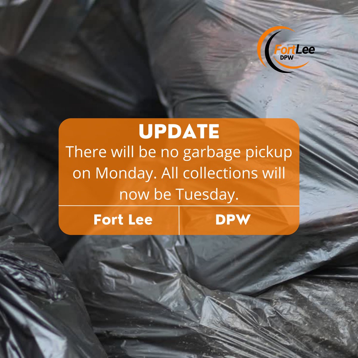 FortLeeToday's tweet photo. Garbage Collection Update:
There will be no garbage pickup on Monday due to the storm.
All collections will take place on Tuesday. Thank you for your patience and cooperation Fort Lee.
#fortleenj #fortleeproud #FortLeeStrong #garbagepickup https://t.co/VQTacjHdfF