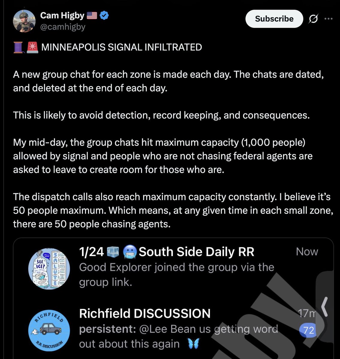 Mrgunsngear's tweet image. According to Cam Higby's reporting on these "Signal ICE monitoring groups" in Minneapolis these people have access to the national license plate data base in real time.  

They also seem to have access to have access to rental car databases and know who's rented what model &amp;amp; make