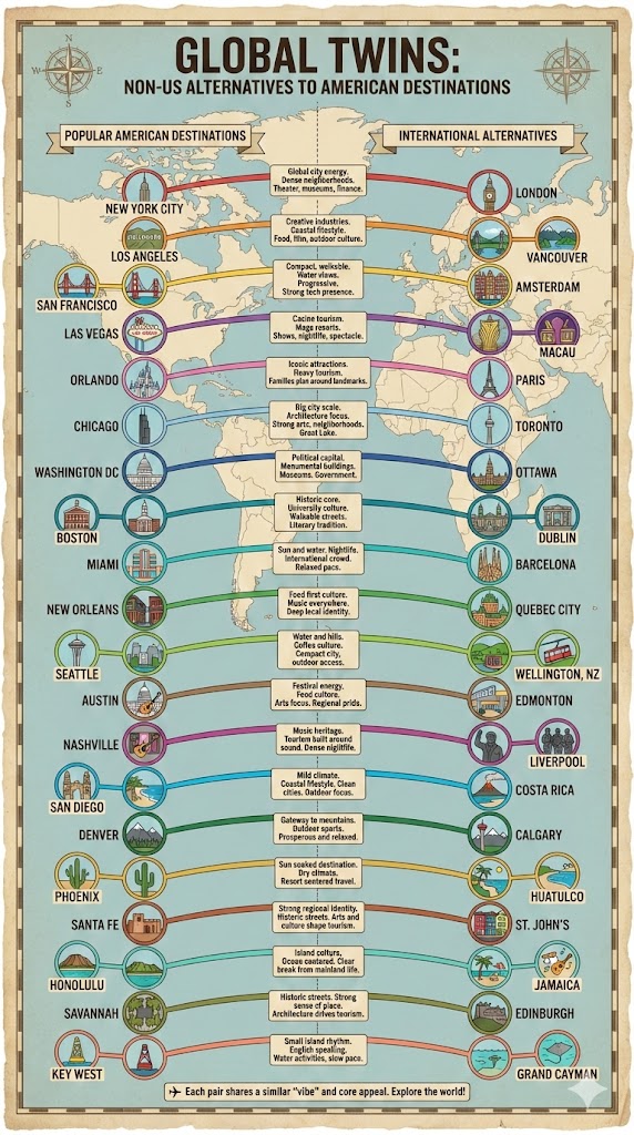 AI helped me make this list of non-US alternatives to popular American destinations.  

(The blurbs in the middle are a bit garbled but I think the essence is there.)

#BoycottUSA 
#ElbowsUp
#SayNoToFascism 
#ShareWidely