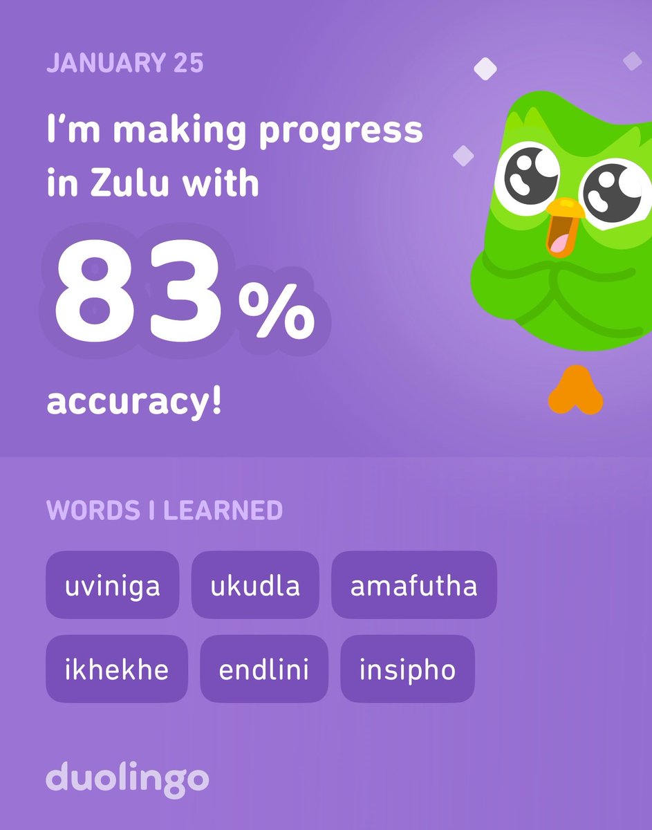 mskaylisha's tweet photo. I’m learning Zulu on Duolingo! It’s free, fun, and effective. https://t.co/zp45BMtVXQ