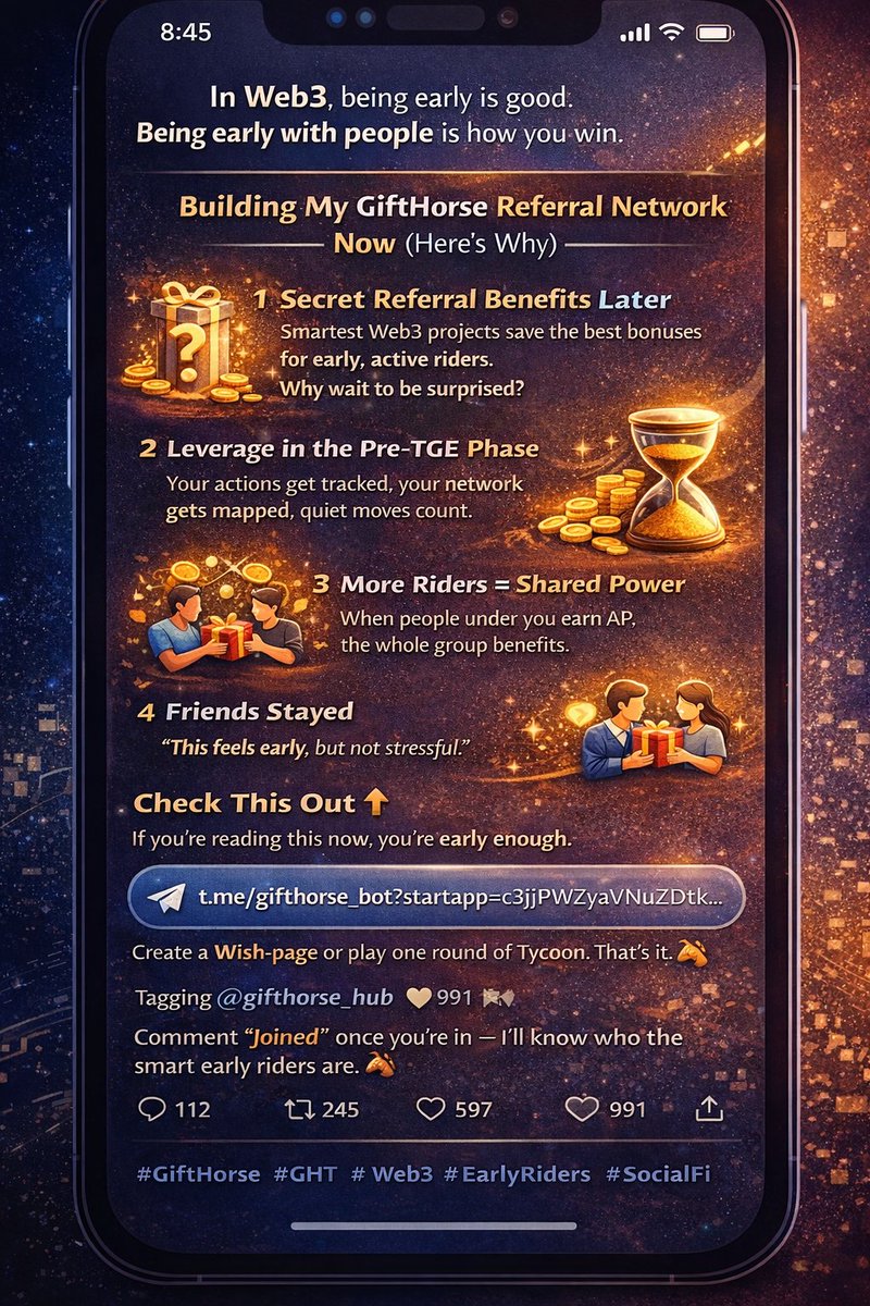 Vedas150's tweet photo. Everyone talks about being early in Web3.

Almost nobody talks about being early with people.
That’s the real edge.

Here’s why I’m building my @gifthorse_hub referral network now
🧵👇 https://t.co/SMUJRqX7IG