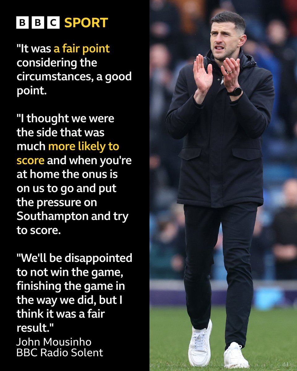 solentsport's tweet image. The points were shared evenly in the South Coast derby this afternoon at Fratton Park🤝

While #Pompey boss John Mousinho felt the point was fair, he believes that his side were much more likely to score than the visitors 👀

He spoke to @mrandrewmoon ⬇️
bbc.co.uk/programmes/p0m…