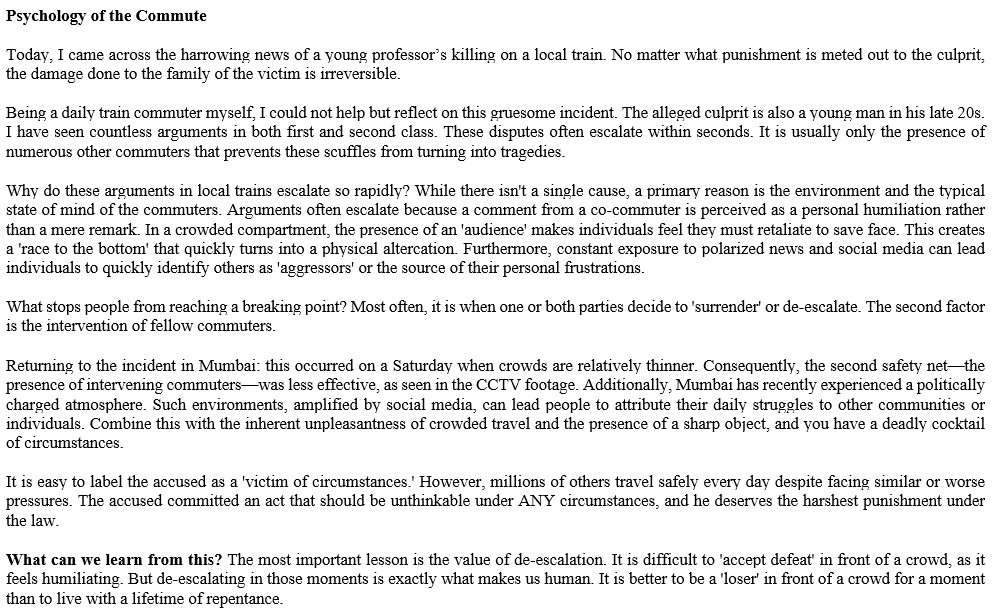 TSR_ultimatum's tweet photo. Psychology of the Commute - Possible reasons for the harrowing killing of a commuter in Mumbai Local.

Pls note these are my opinions based on my own observations. These opinions may be wrong. https://t.co/YLwHjU2WWa