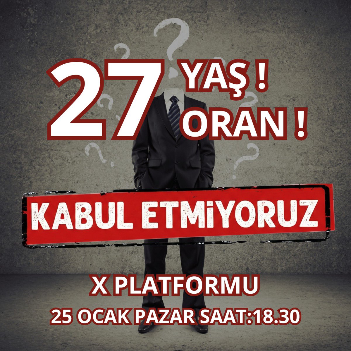 Değerli Üyelerimiz,

X etkinliğinde kullanacağımız hashtag:

#KabulEtmiyoruz

Etiketlerimiz:
<a href="/RTErdogan/">Recep Tayyip Erdoğan</a>
<a href="/EmineErdogan/">Emine Erdoğan</a>
<a href="/tcbestepe/">T.C. Cumhurbaşkanlığı</a>
<a href="/iletisim/">T.C. İletişim Başkanlığı</a>
<a href="/cbsbb/">T.C. Cumhurbaşkanlığı Strateji ve Bütçe Başkanlığı</a>
<a href="/HMBakanligi/">T.C. Hazine ve Maliye Bakanlığı</a>
<a href="/tcmeb/">Millî Eğitim Bakanlığı</a>
<a href="/tcailesosyal/">T.C. Aile ve Sosyal Hizmetler Bakanlığı</a>
<a href="/Yusuf__Tekin/">Yusuf Tekin</a>
<a href="/memetsimsek/">Mehmet Simsek</a>