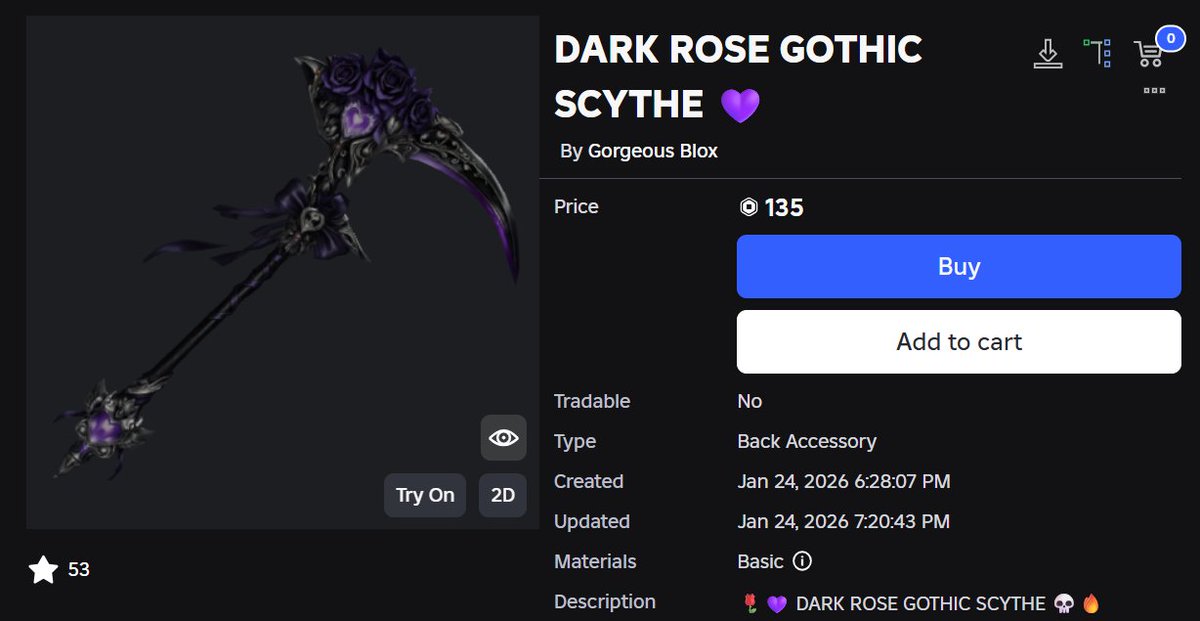 Just dropped my first DARK ROSE GOTHIC SCYTHE 💜
(more recolours coming soon)

If you liked it, consider buying one—and a like or retweet would really help!
roblox.com/catalog/103093…

also if y'all do 30 likes i would drop free limited code in 1 hour🩷

 #ROBLOX #RobloxUGC
