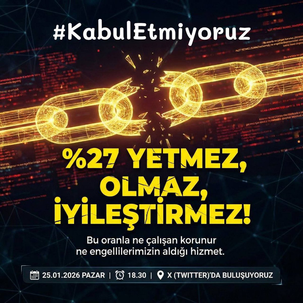 Söz konusu oran, maliyet artışlarını karşılamaktan uzaktır. Bu haliyle hizmetin devamı risk altındadır.
#KabulEtmiyoruz
<a href="/RTErdogan/">Recep Tayyip Erdoğan</a> <a href="/EmineErdogan/">Emine Erdoğan</a> <a href="/tcbestepe/">T.C. Cumhurbaşkanlığı</a> <a href="/iletisim/">T.C. İletişim Başkanlığı</a>   <a href="/cbsbb/">T.C. Cumhurbaşkanlığı Strateji ve Bütçe Başkanlığı</a> <a href="/HMBakanligi/">T.C. Hazine ve Maliye Bakanlığı</a> <a href="/tcmeb/">Millî Eğitim Bakanlığı</a> <a href="/tcailesosyal/">T.C. Aile ve Sosyal Hizmetler Bakanlığı</a> <a href="/Yusuf__Tekin/">Yusuf Tekin</a> <a href="/memetsimsek/">Mehmet Simsek</a>