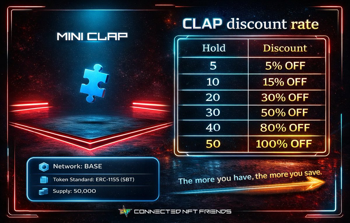 🎯🧩MINI CLAP CHANCE🧩🎯

✅リポスト

した方から10名にMINI CLAP NFTをエアドロ🎁⚡

会員制web3コミュニティ「CNF」の参加に必要なパスが割引されるNFT「MINI CLAP」🪄

持てば持つほどお得🎉

⌛1月26日23時まで

#MINICLAPCHANCE #CNF #Giveaway