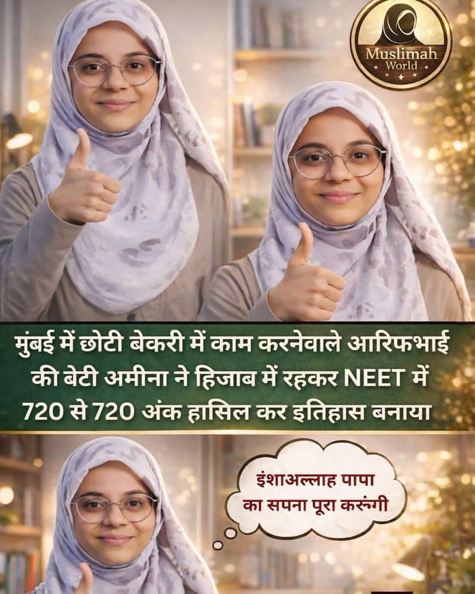 हाँ #AminaArifKadiwala नाम की एक युवती (जोकि मुंबई के #Jogeshwari की रहने वाली हैं और एक बेकरी में काम करने वाले व्यक्ति की बेटी हैं) ने NEET UG 2024 में 720/720 अंक हासिल कर #All_IndiaRank 1 किया #mashallah