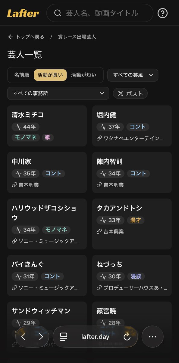 lafter_day's tweet photo. まだ一部ですが、芸人からネタ動画を探せるページを追加しました。
・芸風(漫才/コント など)
・所属事務所
・活動年数ソート
少しずつ拡充していきます。
芸人一覧 #Lafter https://t.co/Dvz7wPJXhD https://t.co/7ClY80NuK9