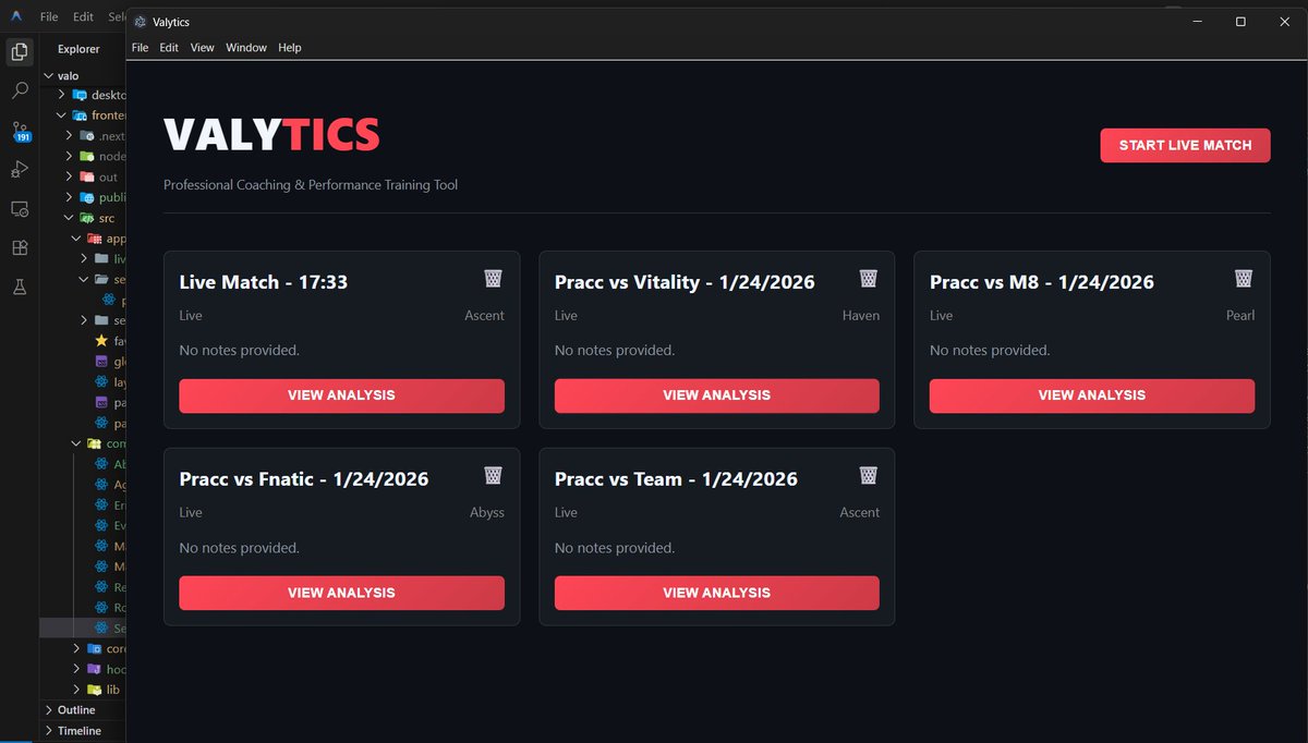 Building Valytics 🔧
A coaching &amp; performance tool for Valorant.
🎯 Matches are saved automatically
📊 Access past games anytime
🧠 Designed to help coaches review, track, and improve teams
Still in development, but the vision is clear.
More coming soon 🚀
#Valorant #Esports