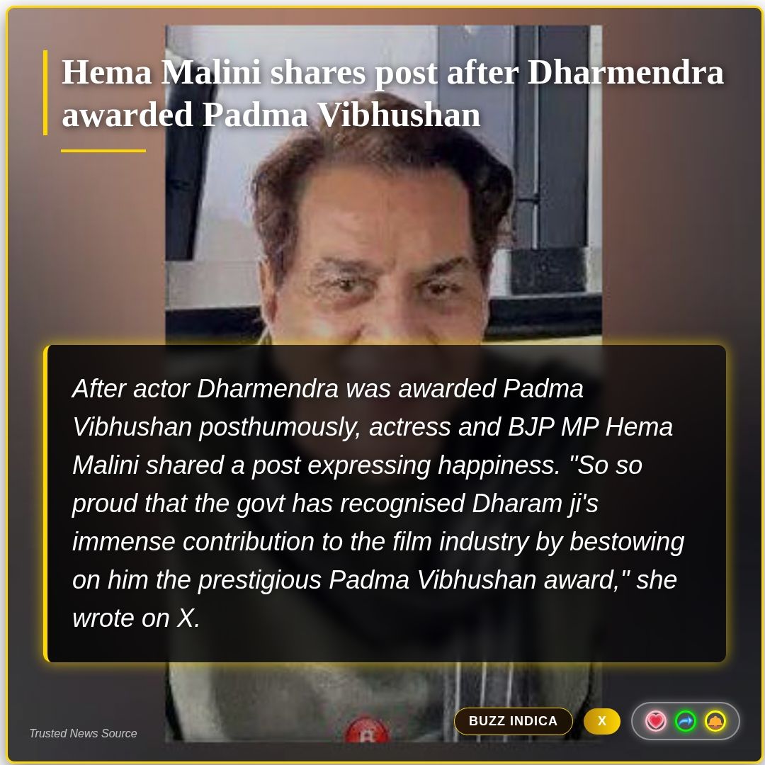 buzz_indica's tweet photo. 🚨 Bangladesh to not challenge ICC's decision to replace them at T20 World Cup 2026 
#cricket

🚨 Hema Malini shares post after Dharmendra awarded Padma Vibhushan 
#entertainment #national

🚨 Acid attack survivor Mangala Kapoor conferred with Padma Shri 
#national https://t.co/TBgCy87EGQ