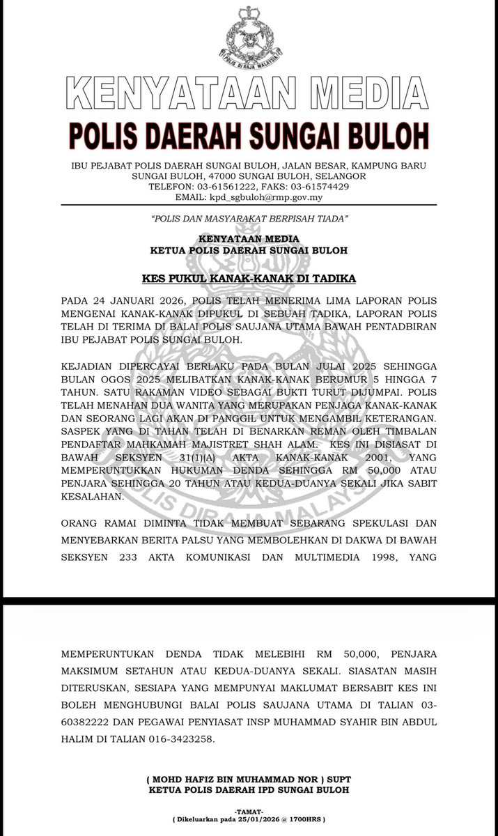 Polis menerima lima laporan 4 kanak-kanak didakwa dipukul di sebuah tadika di Saujana Utama, Selangor.

Susulan itu, polis menahan dua wanita dipercayai penjaga kanak-kanak di premis berkenaan, hari ini bagi membantu siasatan.