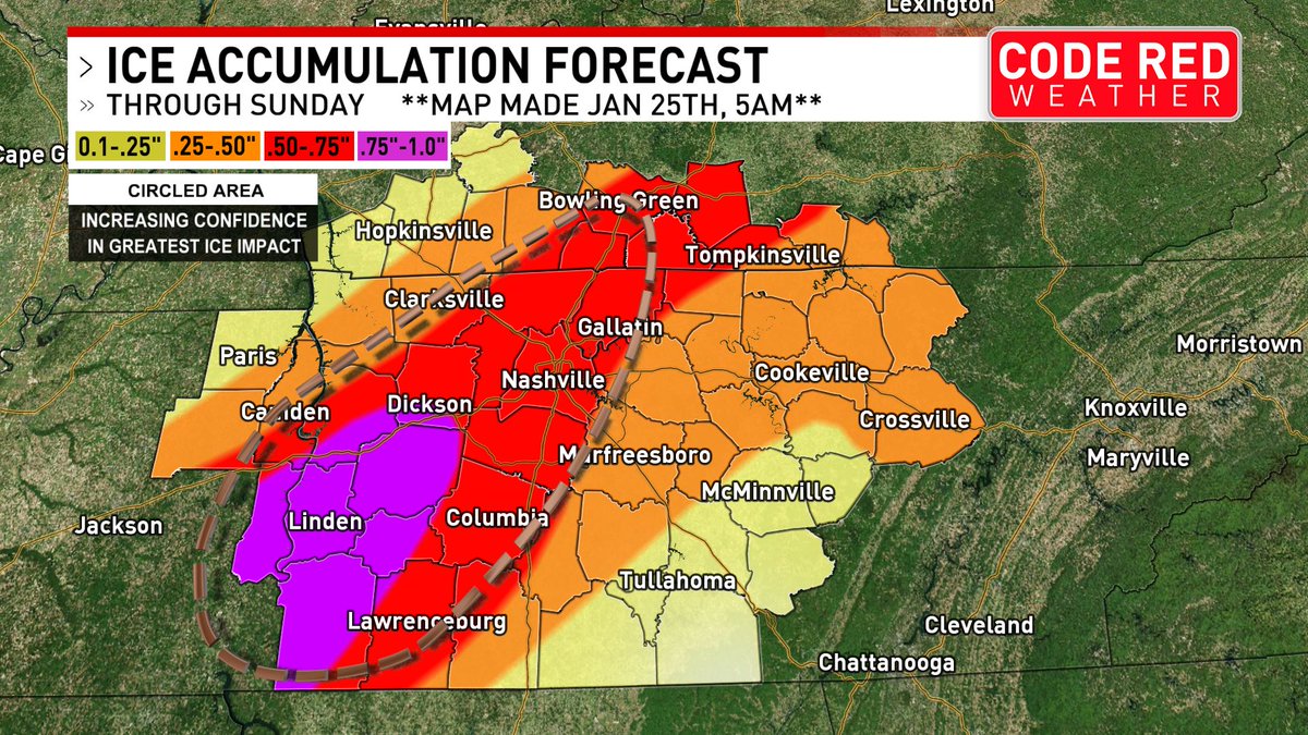 FOXNashville's tweet image. 🧊❄️ Dangerous ice is expected across Middle Tennessee, especially from Wayne County to Sumner County. Nashville could see up to 0.75" of ice. Get your full forecast: bit.ly/45vpYmD