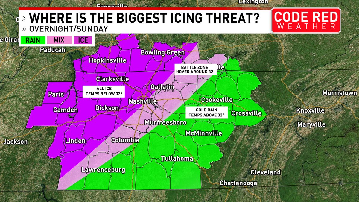 FOXNashville's tweet image. 🧊❄️ Dangerous ice is expected across Middle Tennessee, especially from Wayne County to Sumner County. Nashville could see up to 0.75" of ice. Get your full forecast: bit.ly/45vpYmD